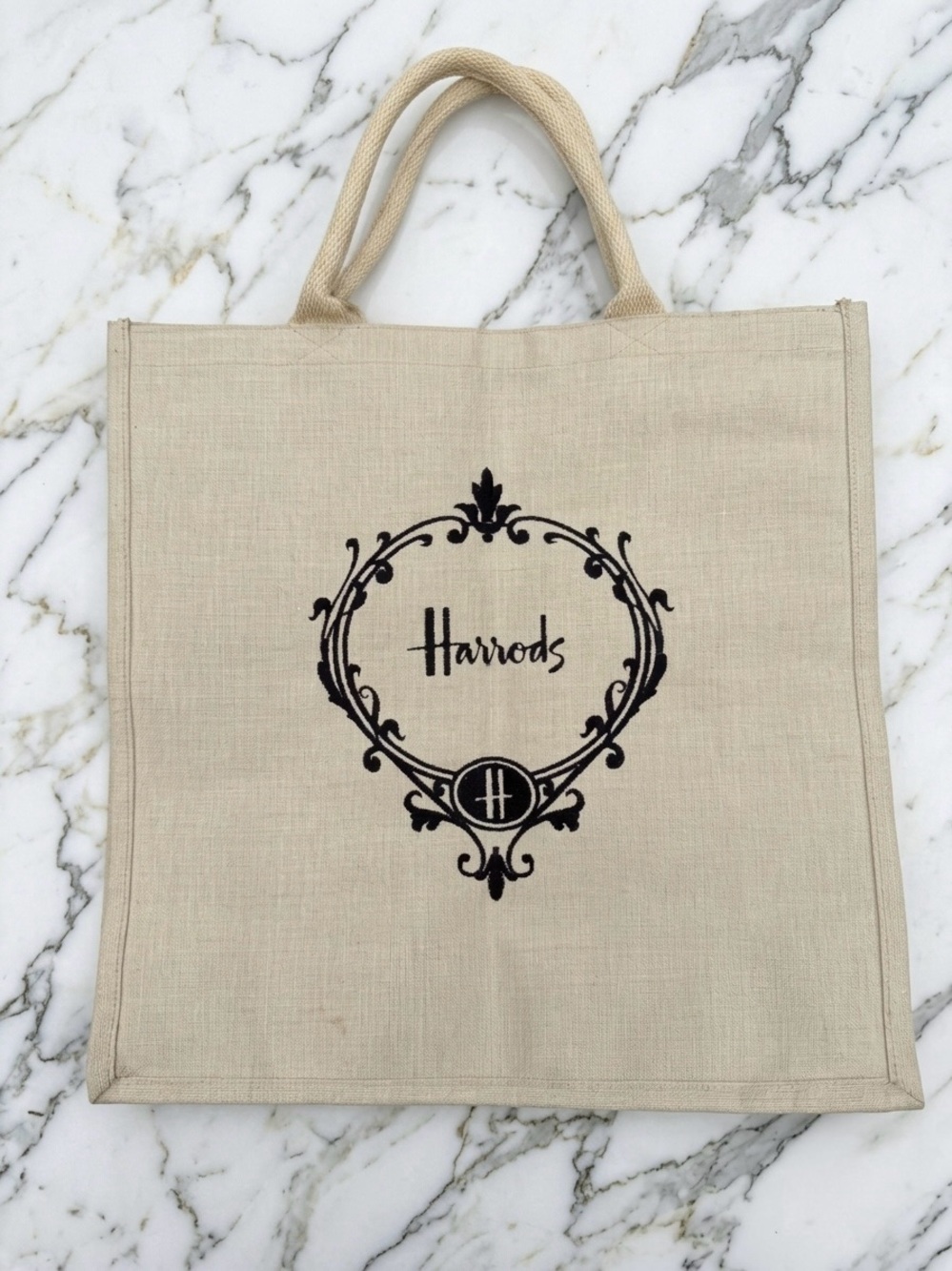 Harrods London Embroidered Jute Cotton Large Shopper Tote Bag Beige/Black